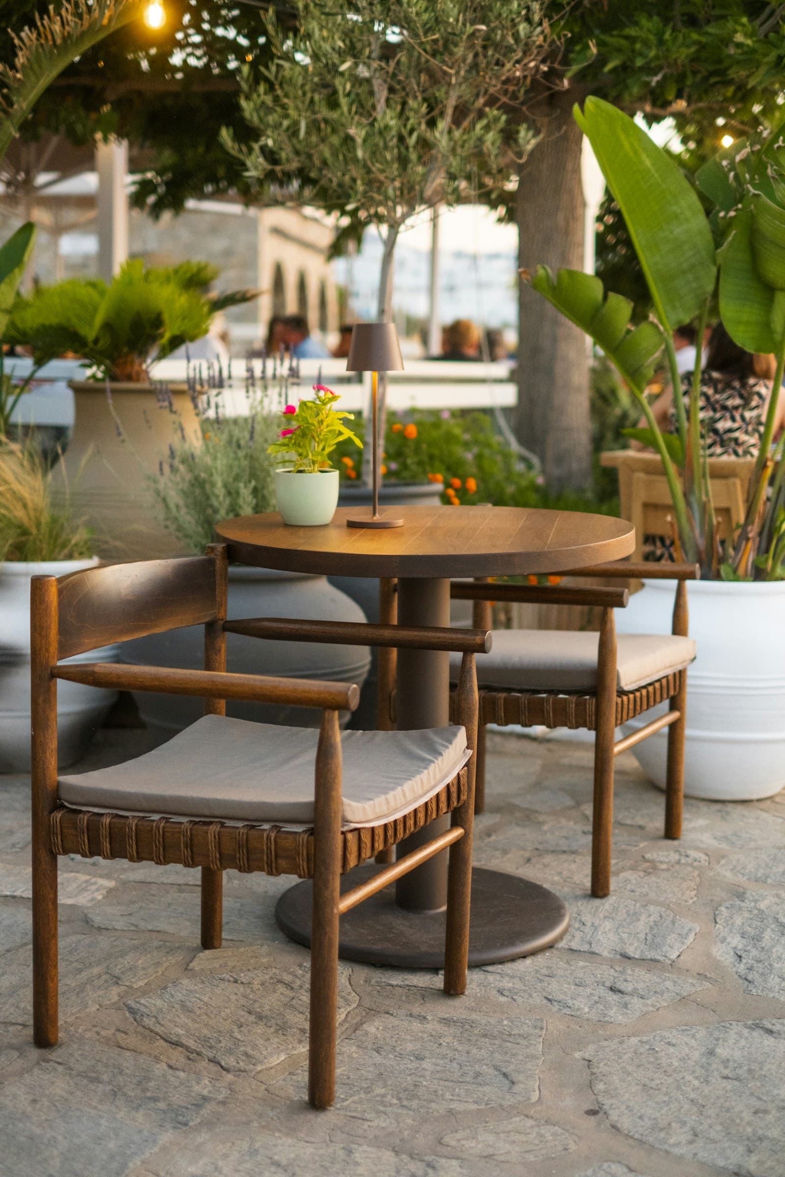 Outdoor patio seating in the evening